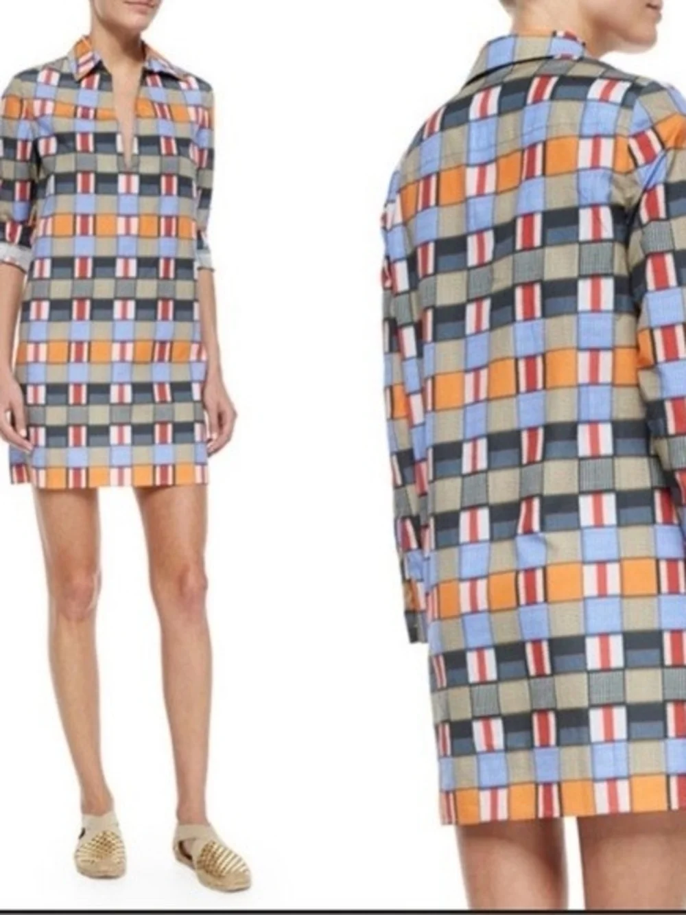 Tory Burch Geometric Block Print 100% Cotton Shirt Dress Size 2 Colorful Preppy